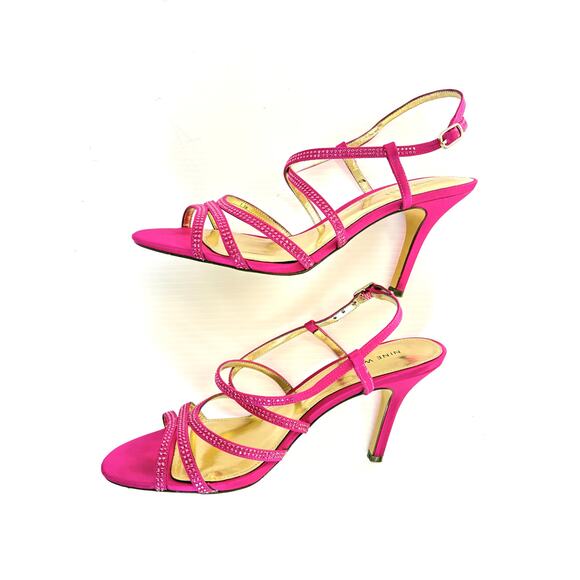 Nine West Hot Pink Rhinestone Satin Strappy Heels Evening Sandals Stiletto 7.5M - Picture 5 of 7
